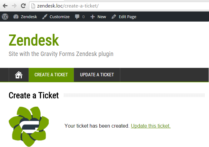 Confirmation message after the submit of the form 'Create A Ticket'